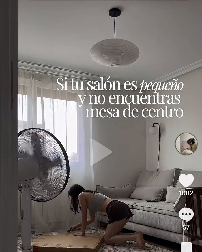 Post "Si tu salón es pequeño y no encuentras mesa de centro" — 1082 likes, 57 comentarios, 257 guardados, colaboración de pago